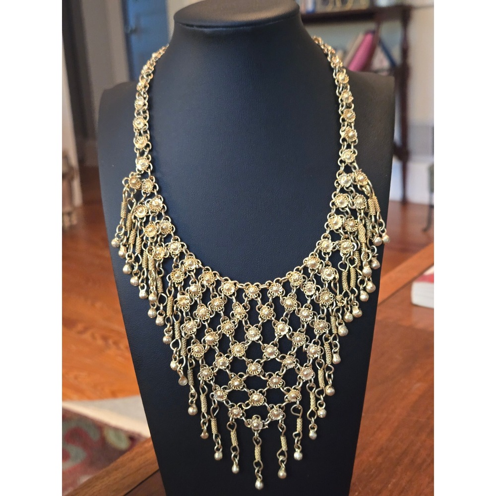 Estate Victorian Bib Fringe Necklace Goldtone Antique Tribal Gypsy Bib Floral
